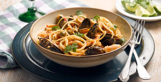 Pastas con salsa de mariscos