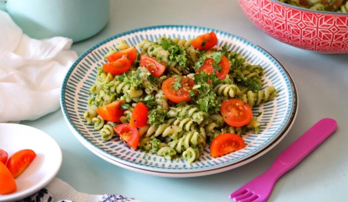 Espirales con pesto de arveja y espinaca