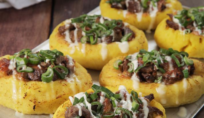 Papas rellenas con Carne picante y Mozzarella