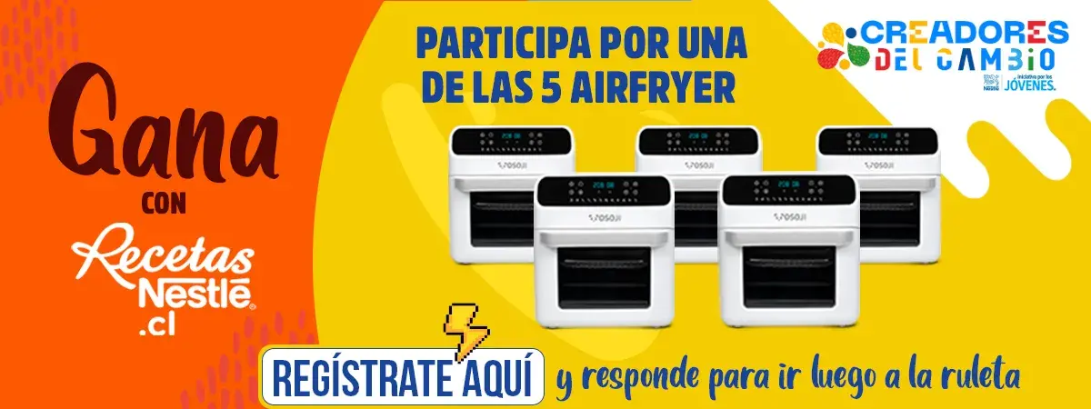 Imagen muestra promoción Gana con Recetas Nestlé y 5 airfryes como premios, invita a inscribirte y participar